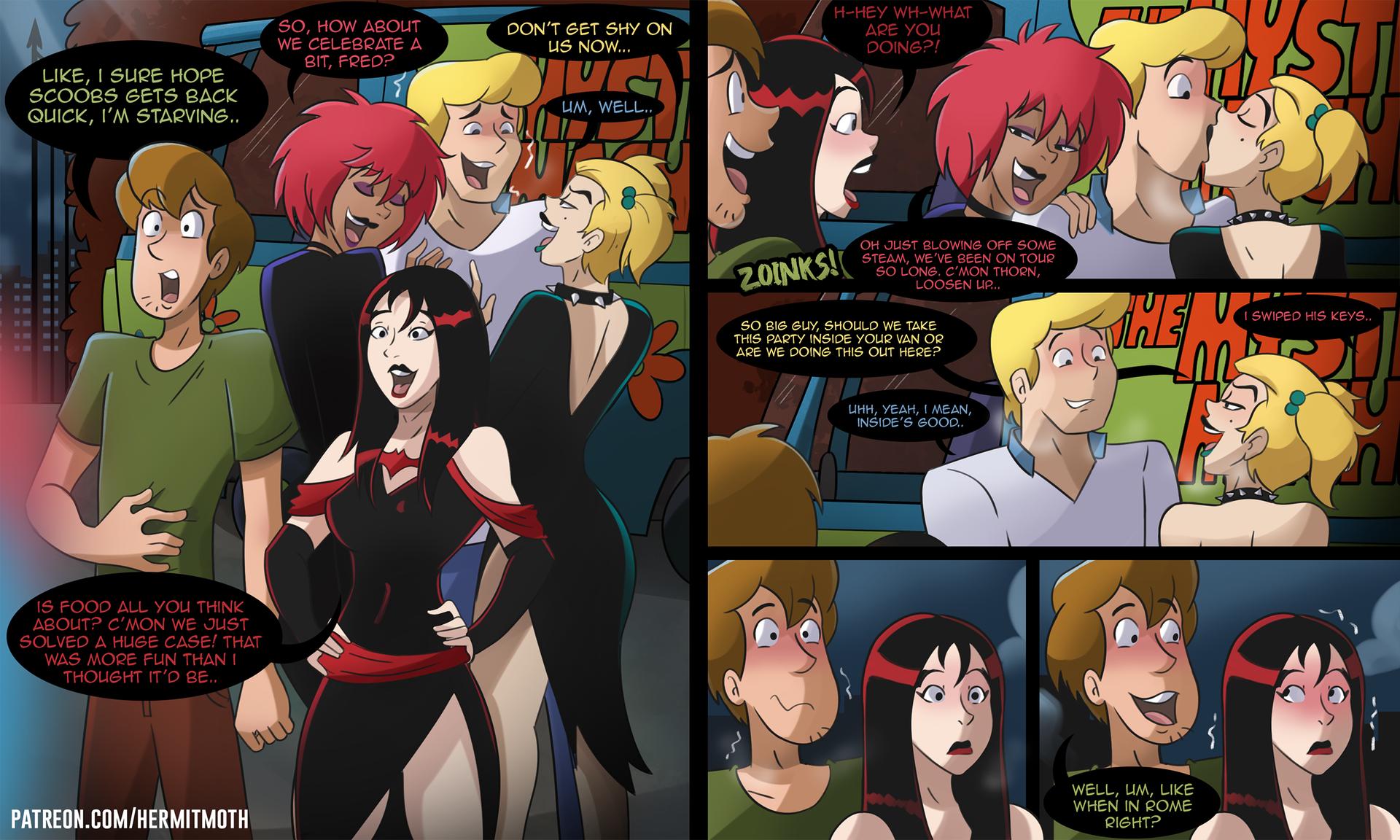 Fred and Shaggy party with the Hex Girls - adult comic cover